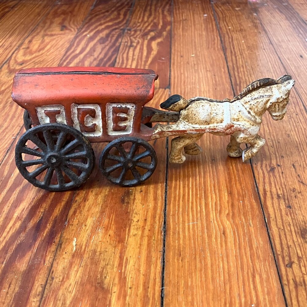 Vintage Cast Iron Toy Horse Drawn Ice Wagon Children's Toy Collectible Antique